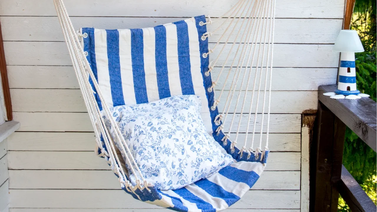 blue and white striped pattern string and cotton hammock hanging