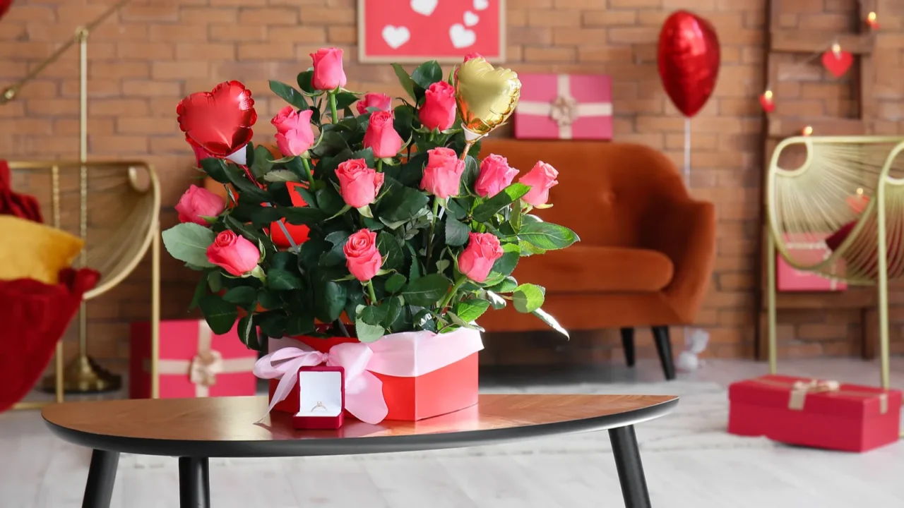 box with beautiful roses and engagement ring on table in