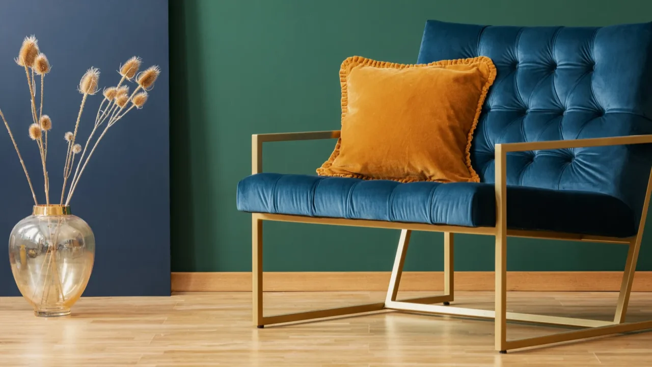 A teal upholstered chair with a gold frame and a mustard yellow cushion, next to a vase with dried flowers.