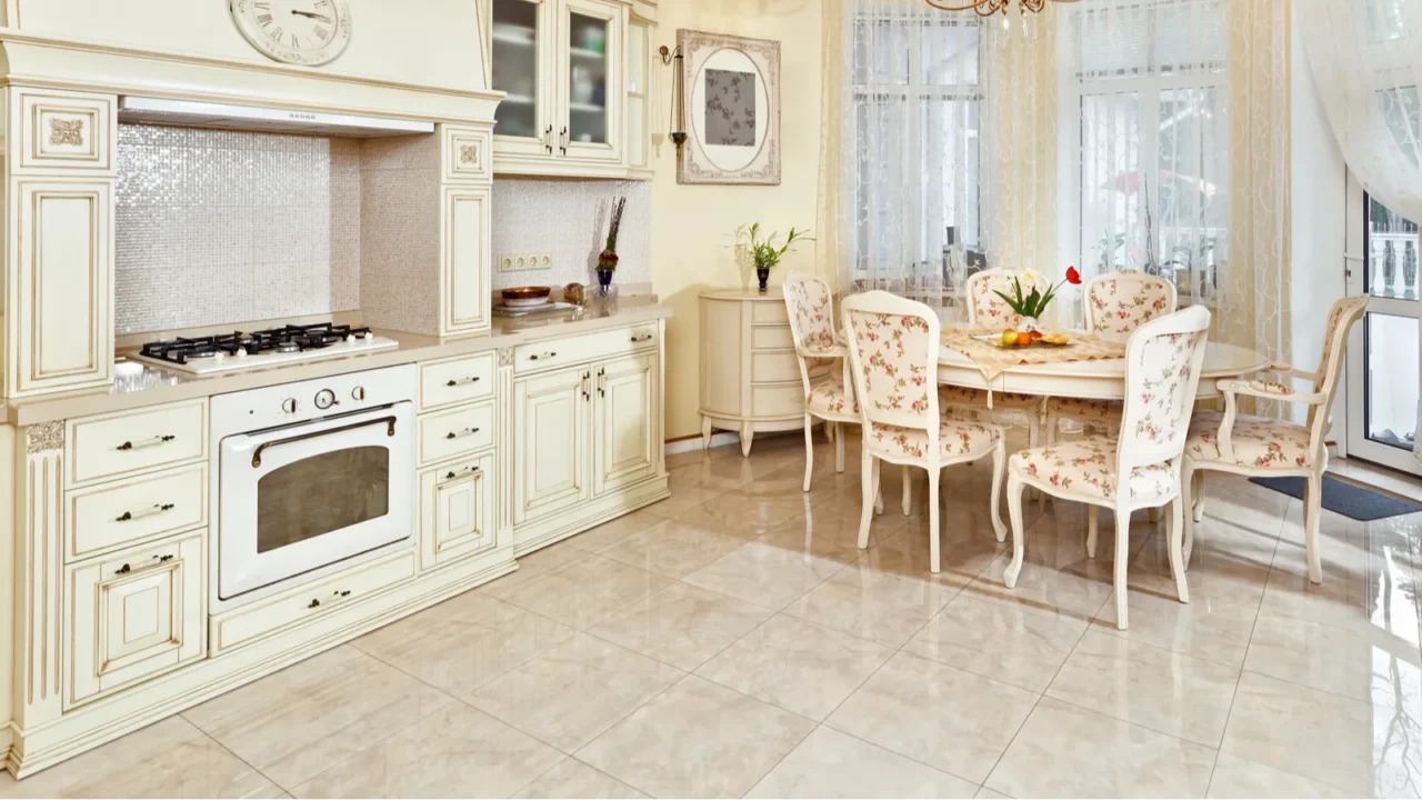 classic style kitchen and dining room interior in beige pastoral