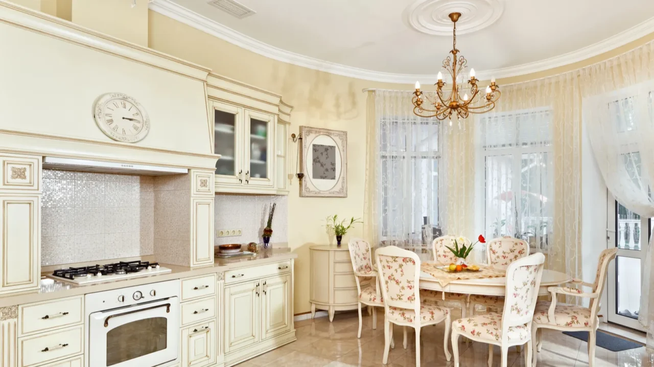 classic style kitchen and dining room interior in beige pastoral