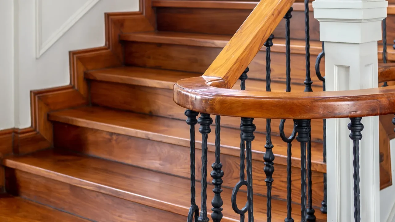 classic vintage elegant wooden staircase with wrought iron railing