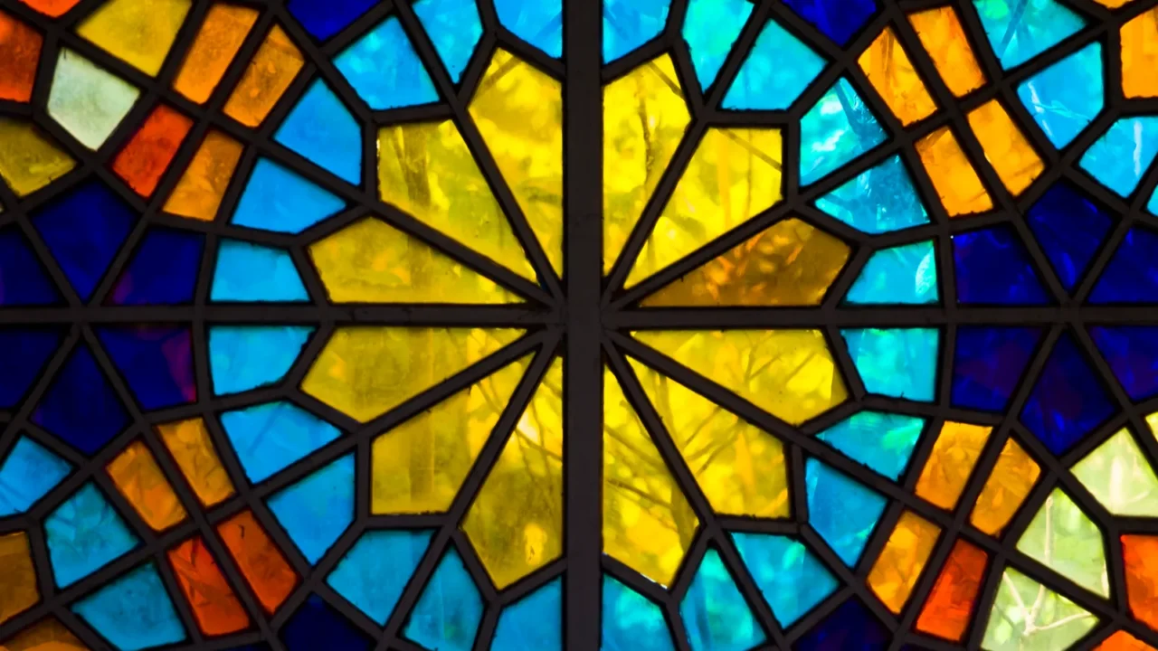 closeup detail of the colorful stained glass window