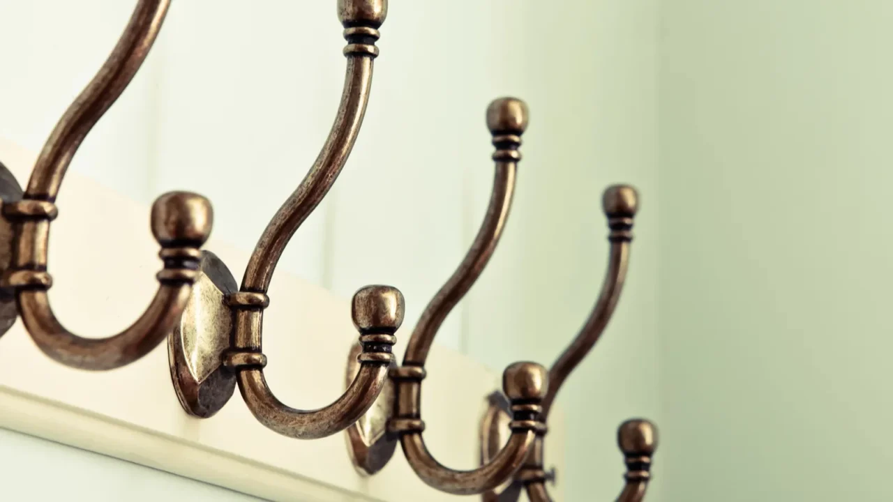 Coat hooks on a wooden plaque attached on a wall.