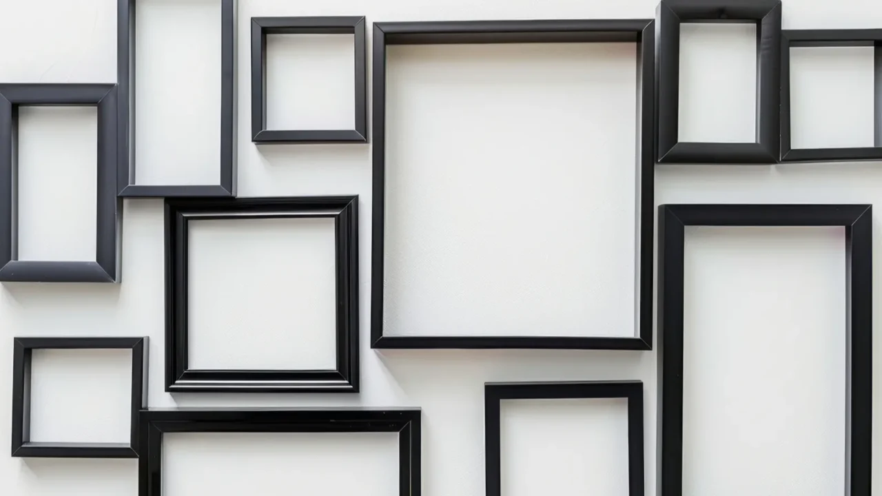 collection of black photo frames in varying sizes on a