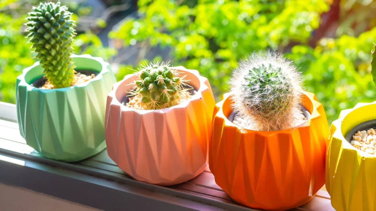 colorful painted geometric concrete planters with cactus plant