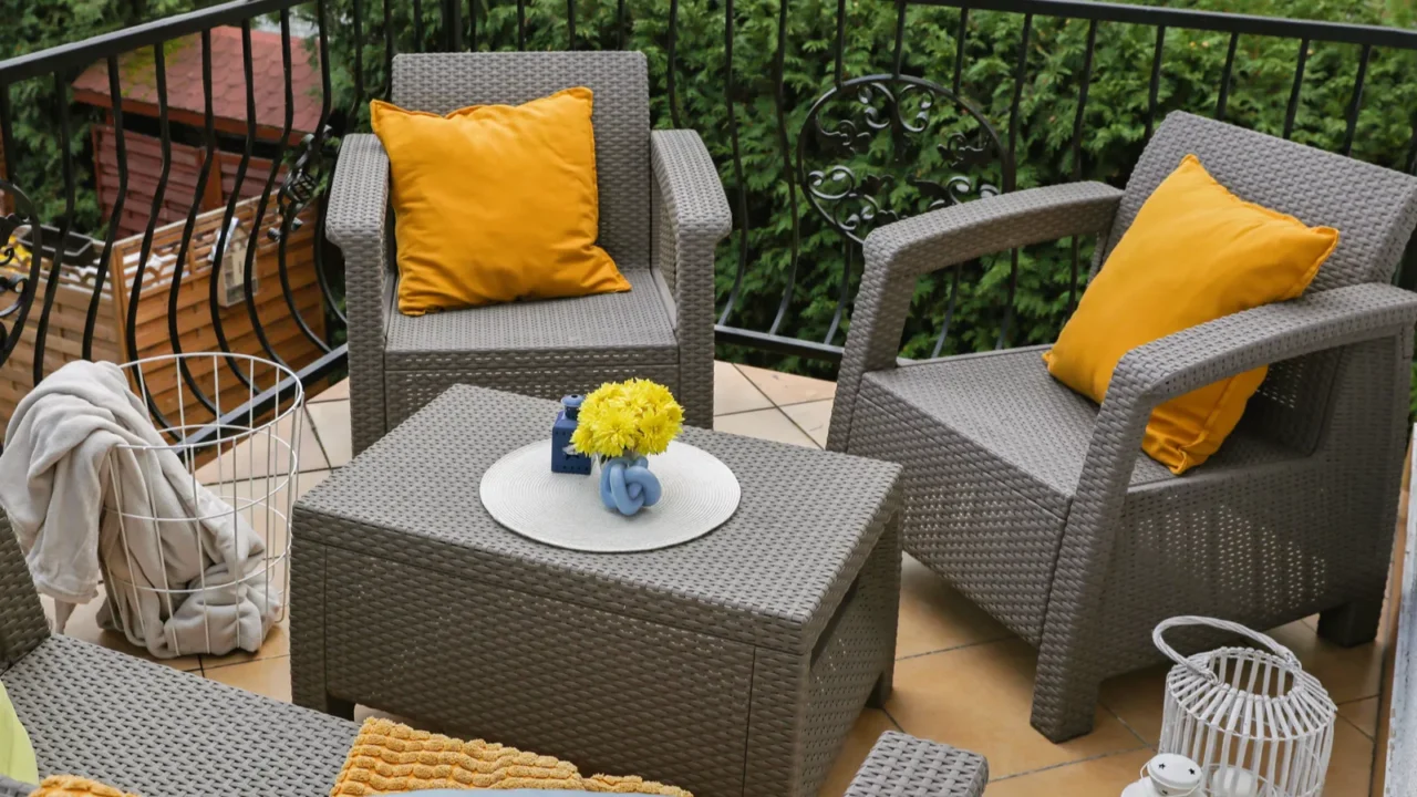 colorful pillows soft blanket and yellow chrysanthemum flowers on rattan