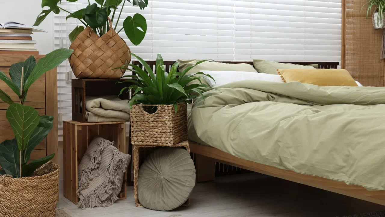 A bedroom interior with cozy bed, stacked crates with cozy throw blankets, and houseplants in woven baskets.