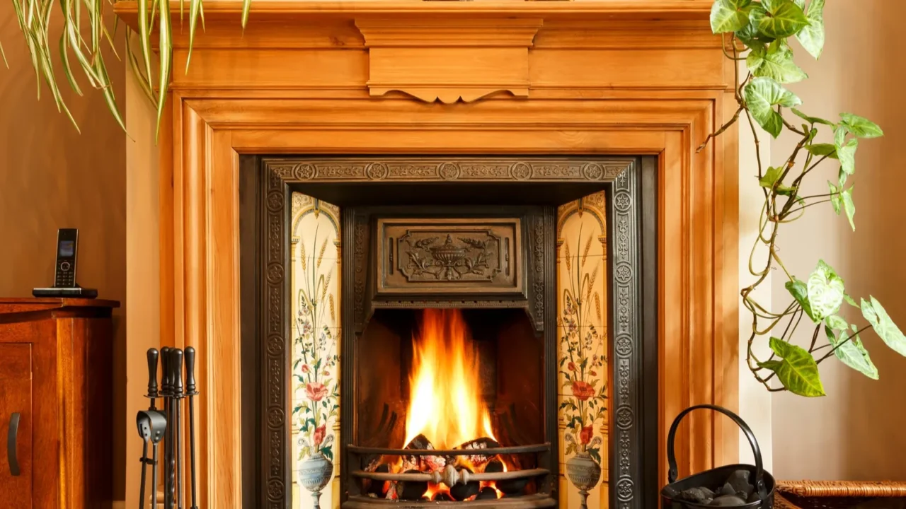 cosy winter living room fireplace with open fire with real