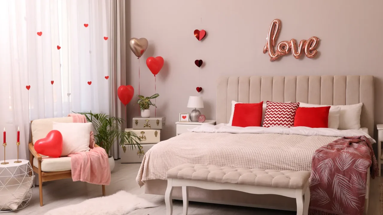 A romantic bedroom decorated with heart balloons and a "love" sign.