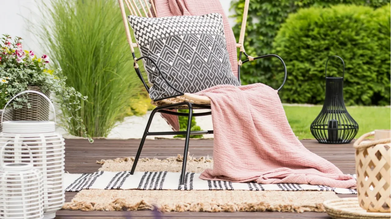 cozy pillow with pattern and a pink blanket on a