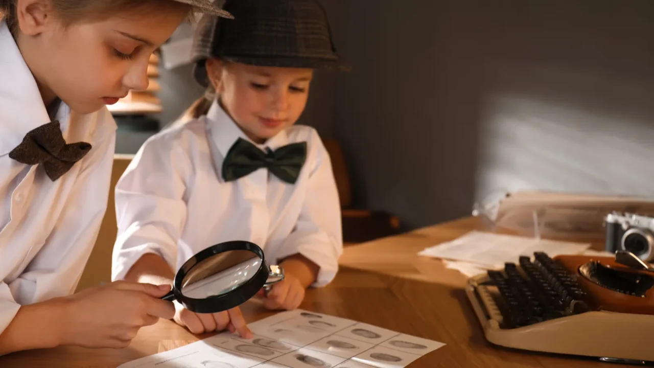 cute little detectives exploring fingerprints with magnifying glasses at table