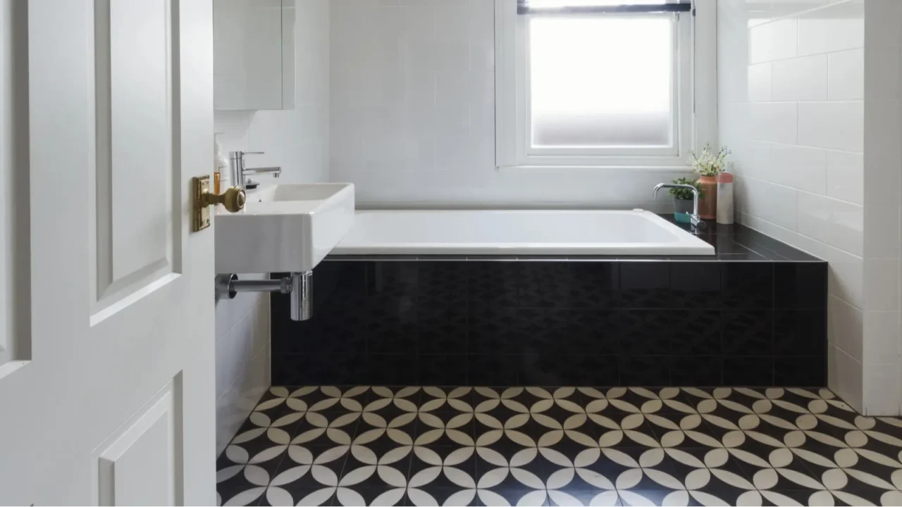 designer bathroom renovation black and white floor tiles horizon