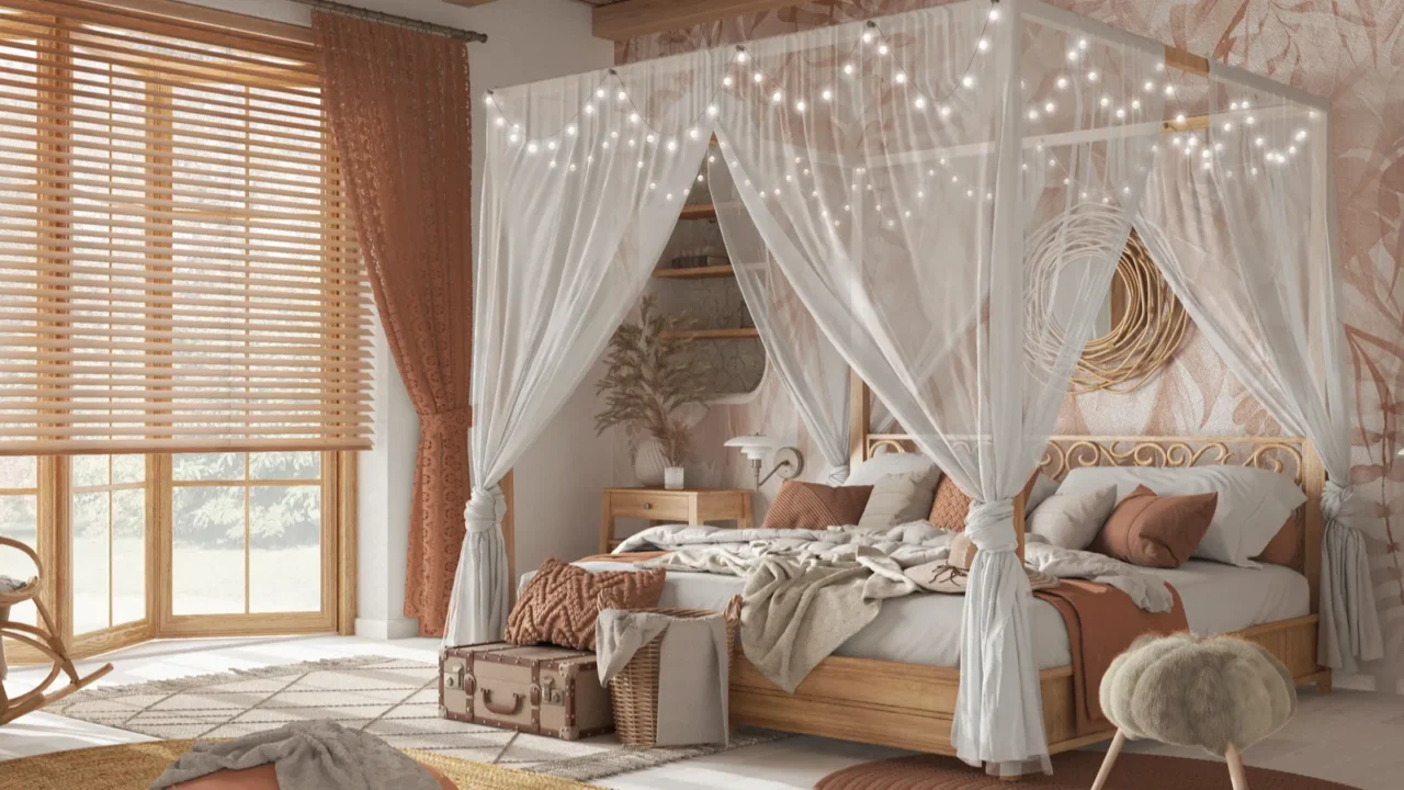 elegant bedroom with canopy bed in white and orange tones