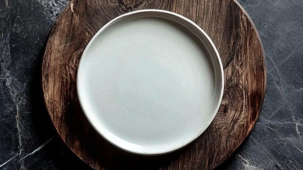 elegant ceramic plate on a rustic wooden charger against dark