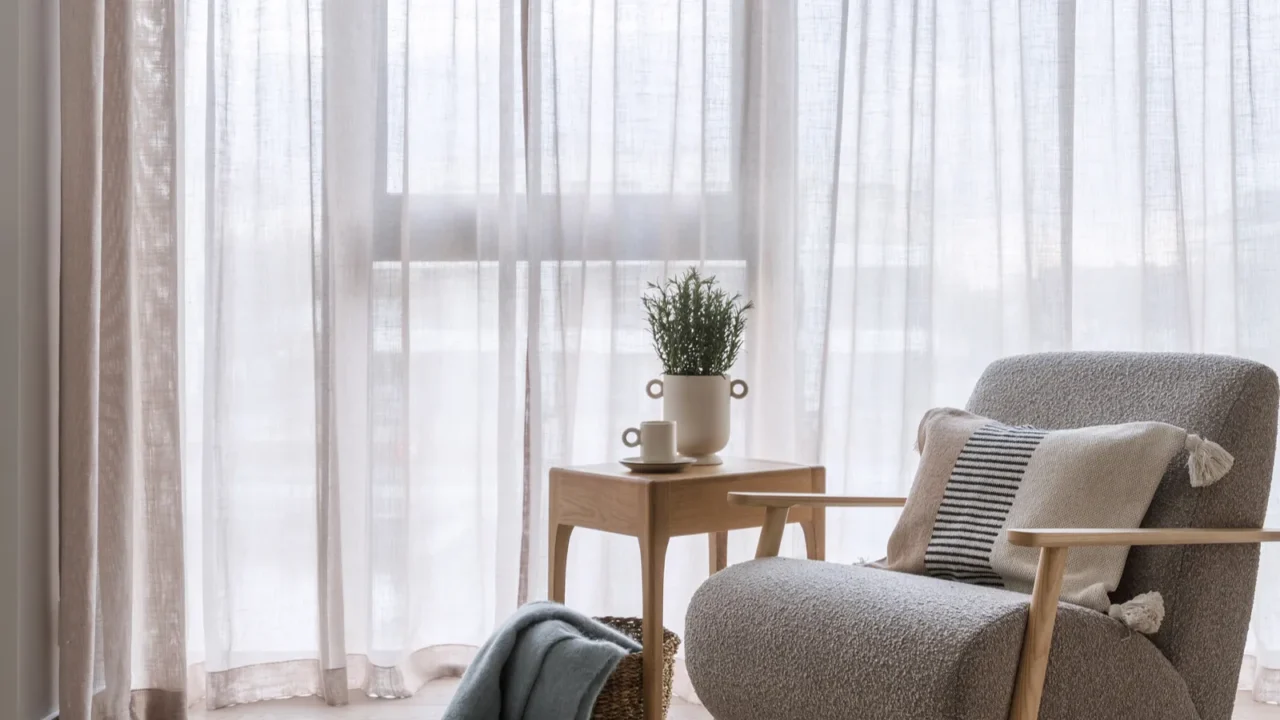 elegant grey armchair standing near coffee table with home decor