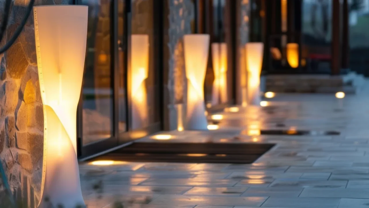 elegant outdoor lighting creates a warm ambiance along a modern