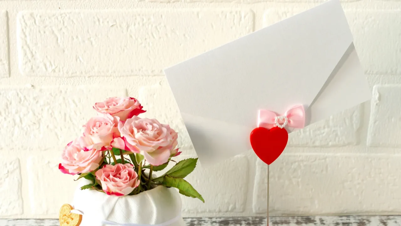 festive arrangement of bouquet of pink roses and envelope with