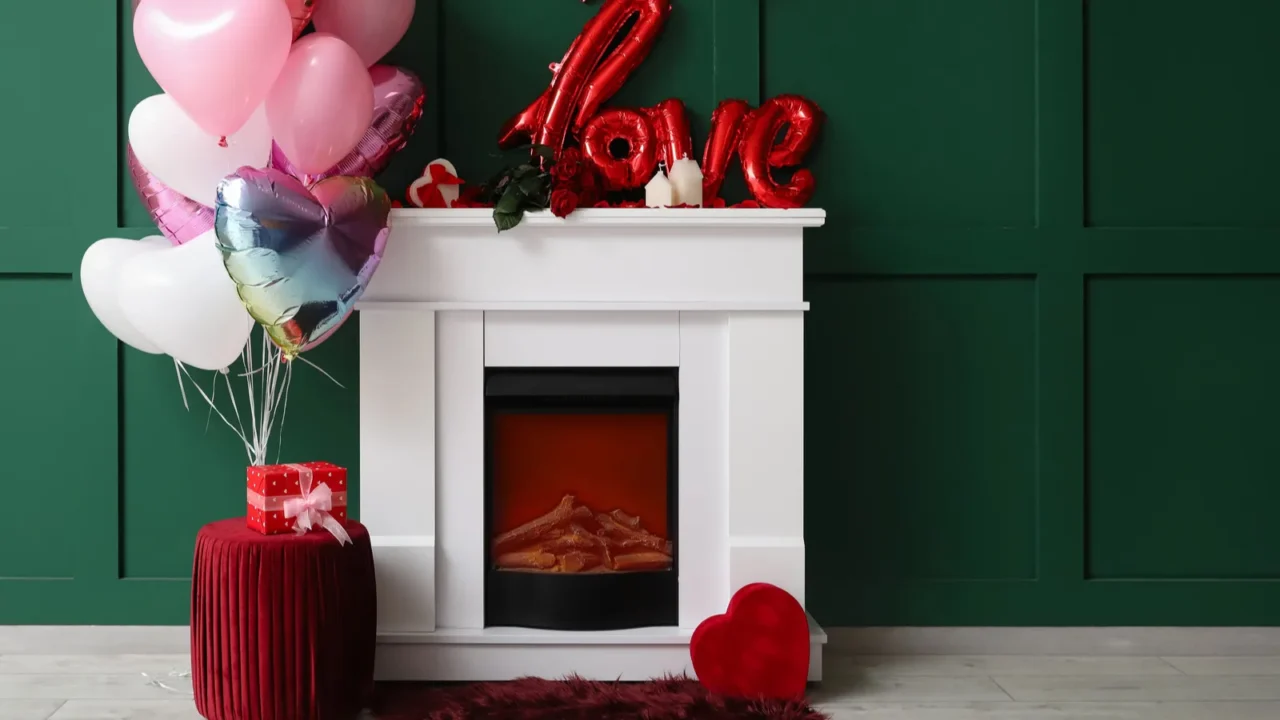 fireplace with bouquet of roses candles and balloons near green