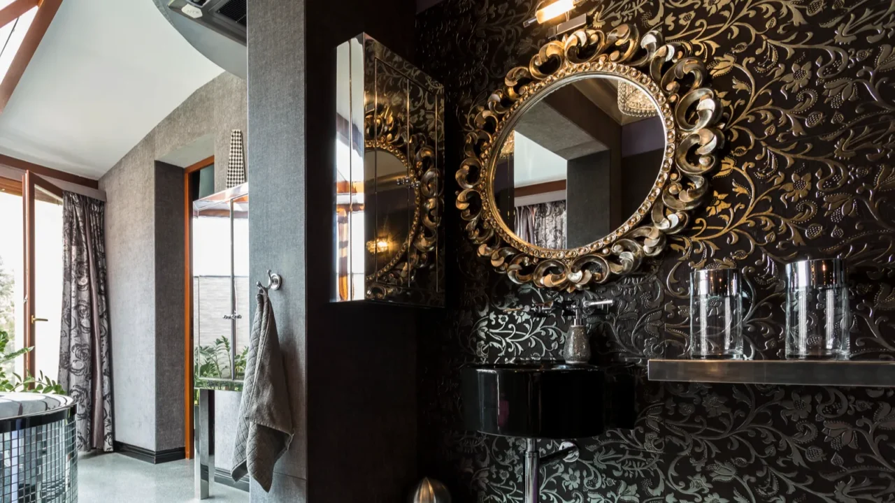 futuristic dark bathroom with bathtub