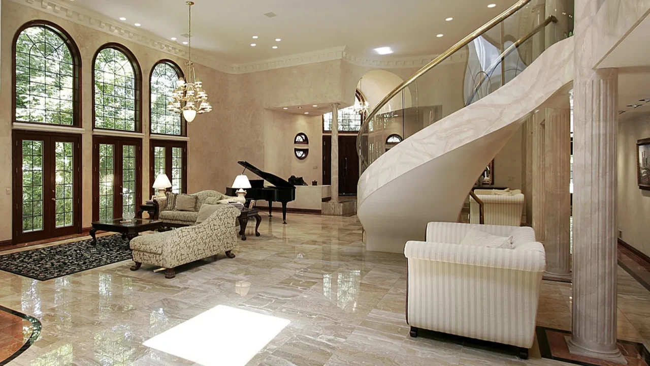 great room with marble floors