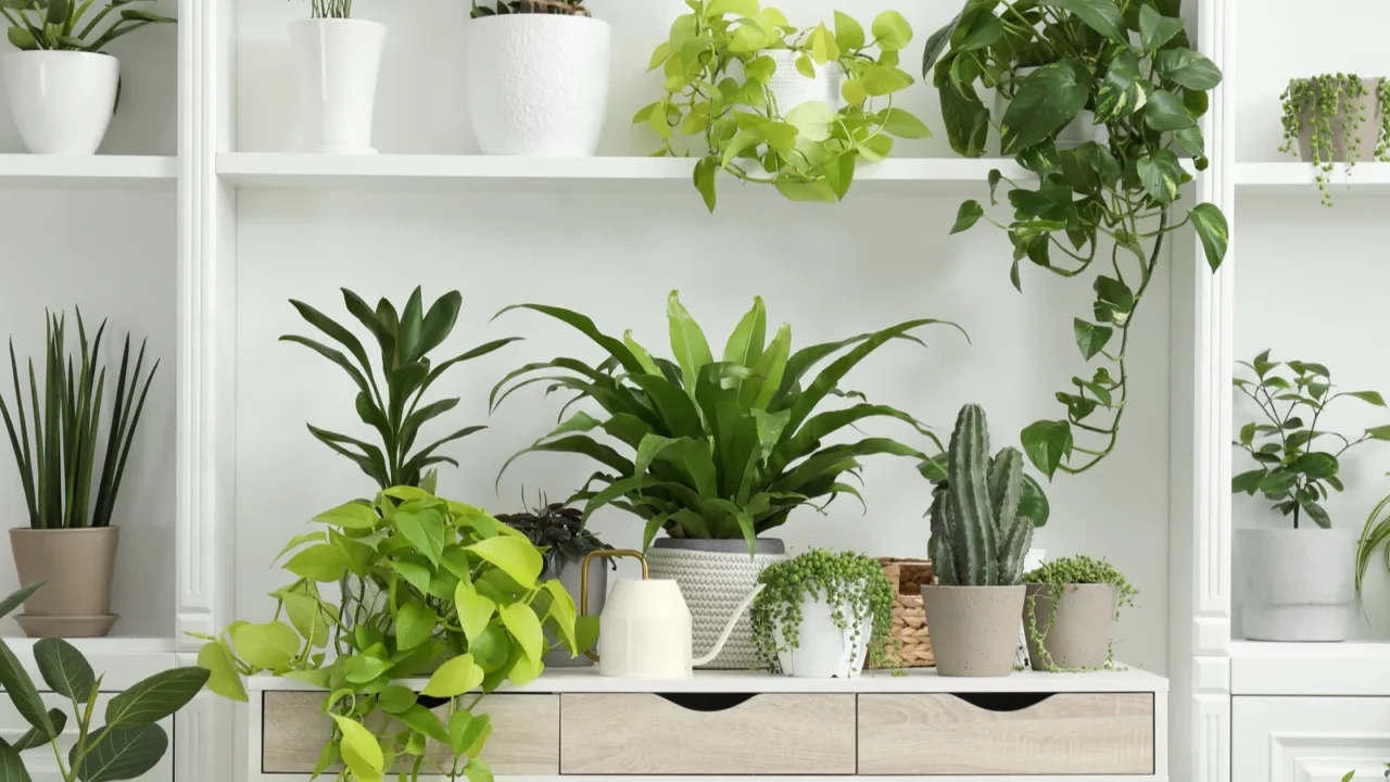 green potted houseplants on table and shelves near white wall