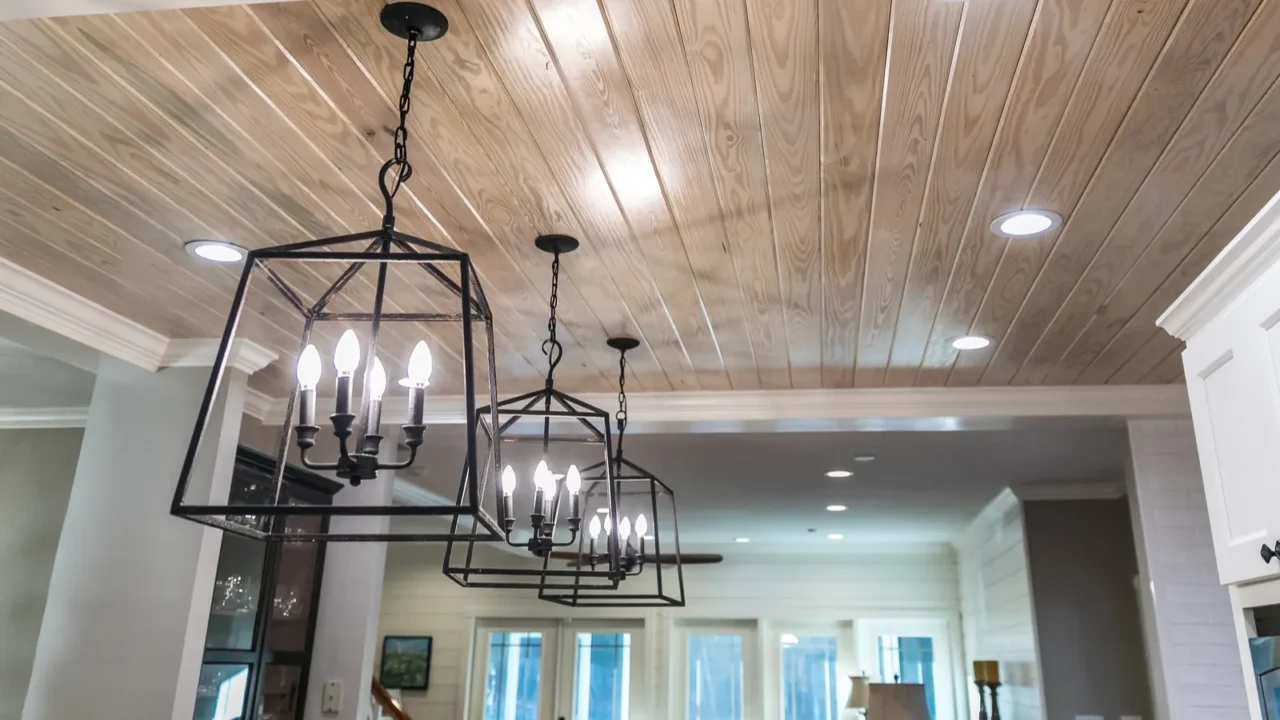 hanging black metal iron lighting fixtures in a newly renovated