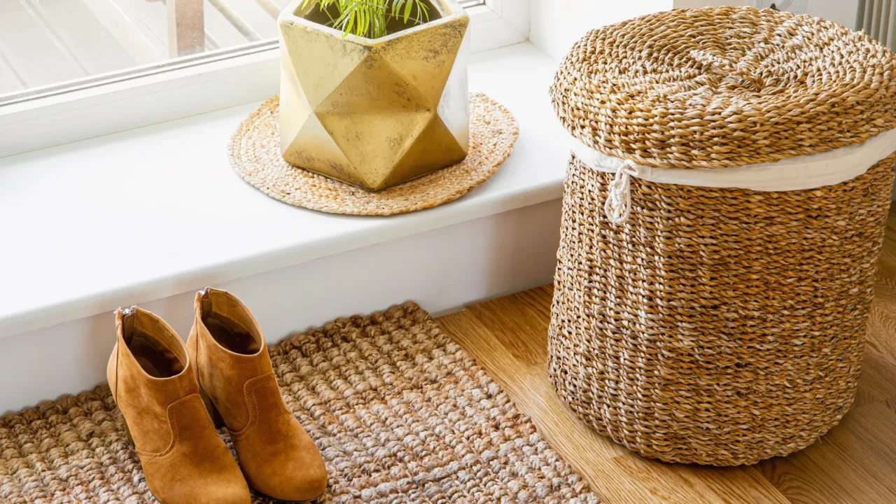 A pair of brown boots beside a woven laundry basket and a golden plant pot on a windowsill.