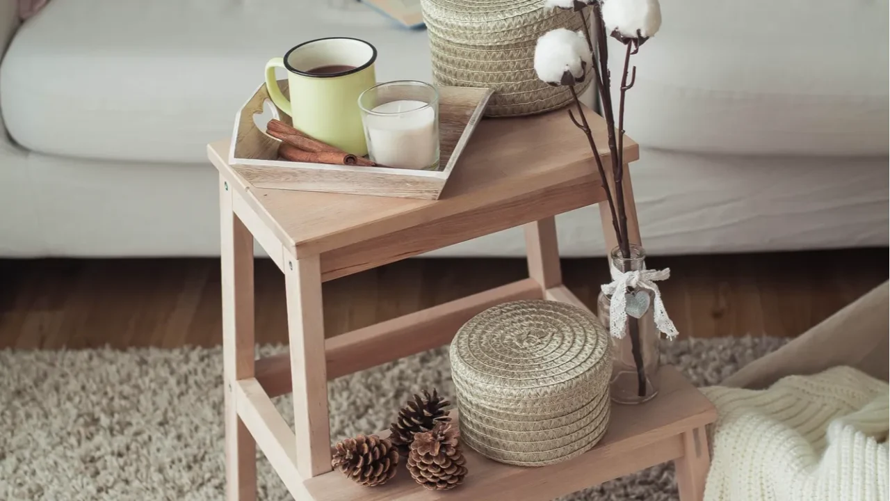 home decor a wooden bedside table a sofa a cotton