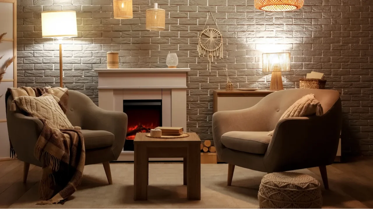 interior of cozy living room with fireplace armchairs and glowing