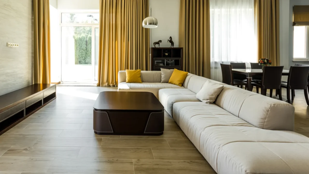 interior of empty modern living room with sofa and lamp