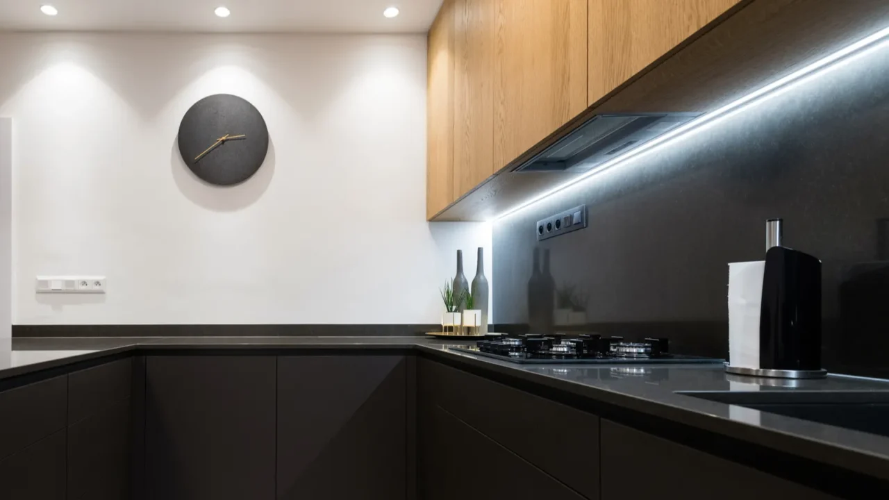 interior of modern kitchen with builtin appliances in a house