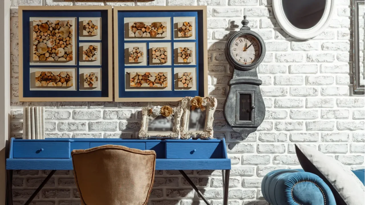 interior of modern retro styled living room with chair table