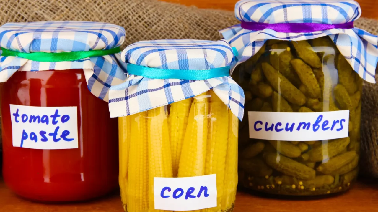 jars with canned vegetables on wooden background closeup