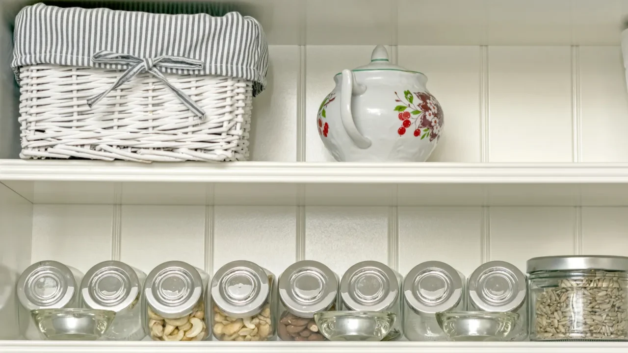 kitchen interior with a fragment of a white shelf with