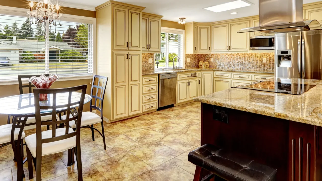 kitchen interior with dining table set and island