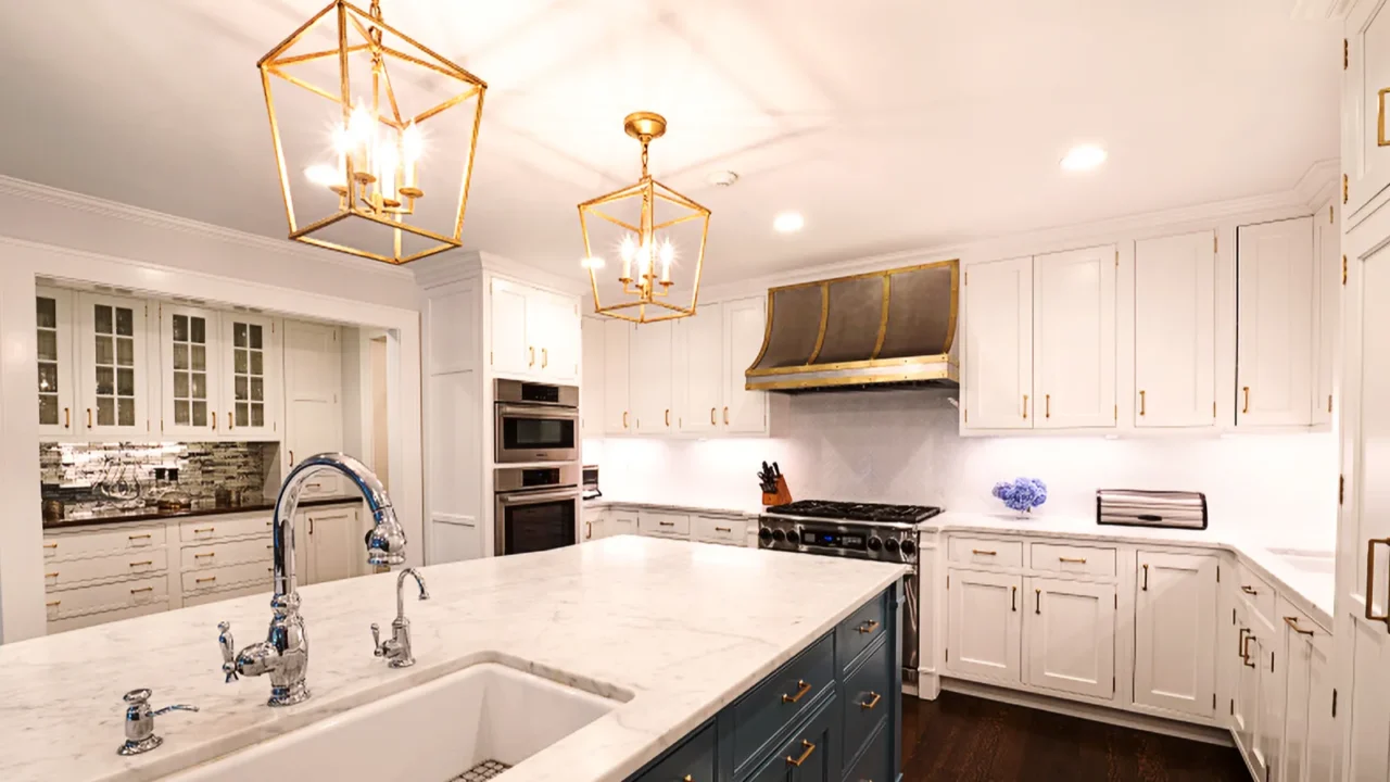 kitchen interior with in new luxury home features elegant pendant