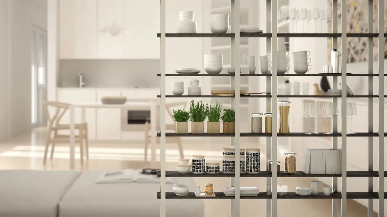 kitchen living room shelving system foreground closeup interior design concept