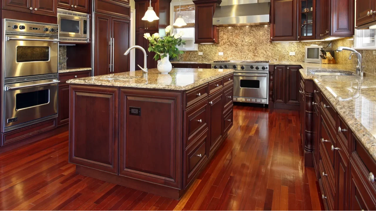 kitchen with cherry wood cabinetry