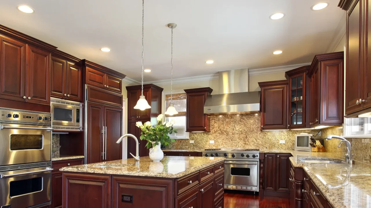 kitchen with cherry wood cabinetry