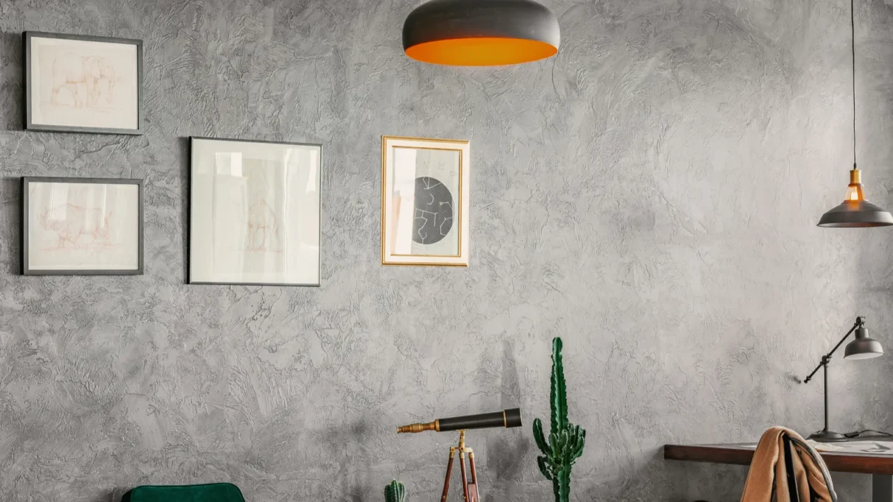 living room interior with posters on raw grey wall green