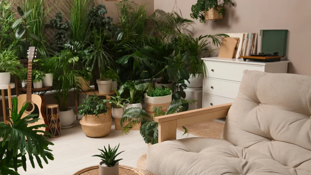 living room interior with stylish furniture and different houseplants