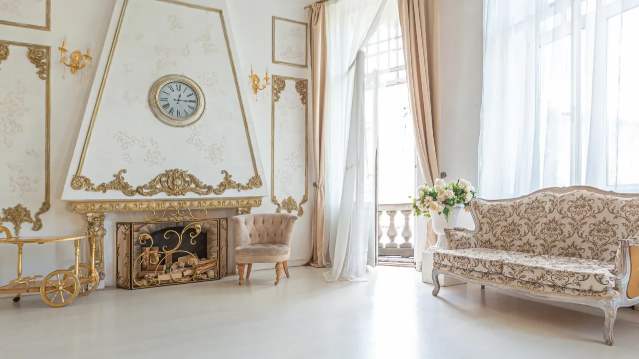 luxurious expensive interior of a large baroque royal living room