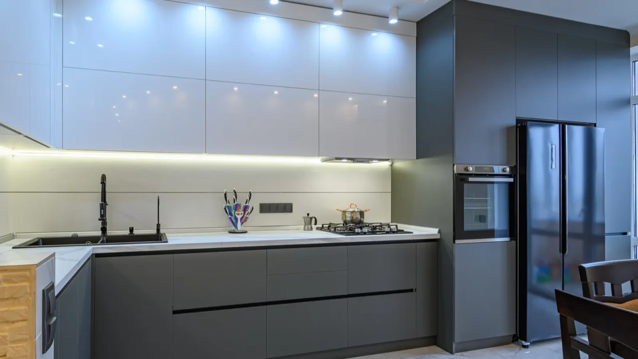 luxury white and dark grey modern kitchen interior