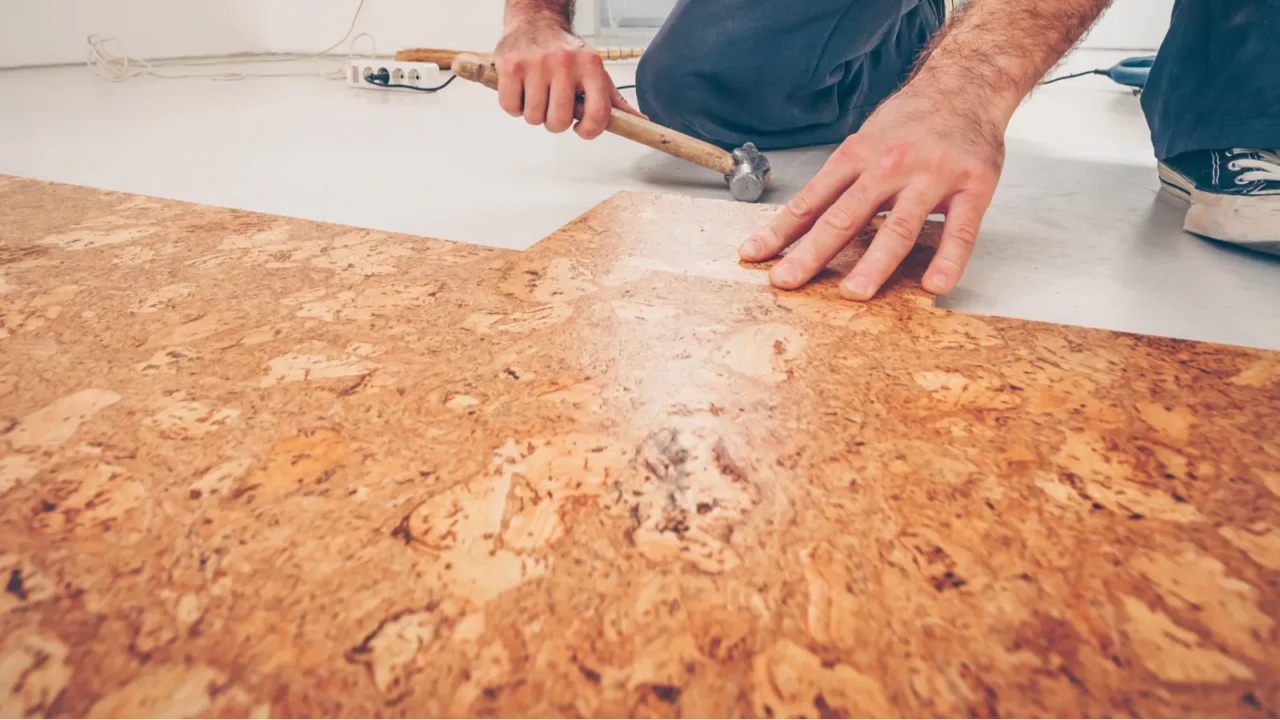 A man installing cork flooring planks and using a hammer to tap them into place.