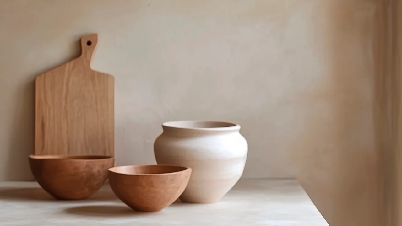 minimalistic kitchen scene with wooden bowls and elegant pottery