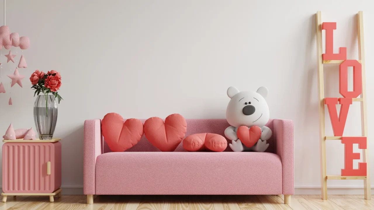 A playful pink-themed seating area featuring heart-shaped cushions and a cute bear.