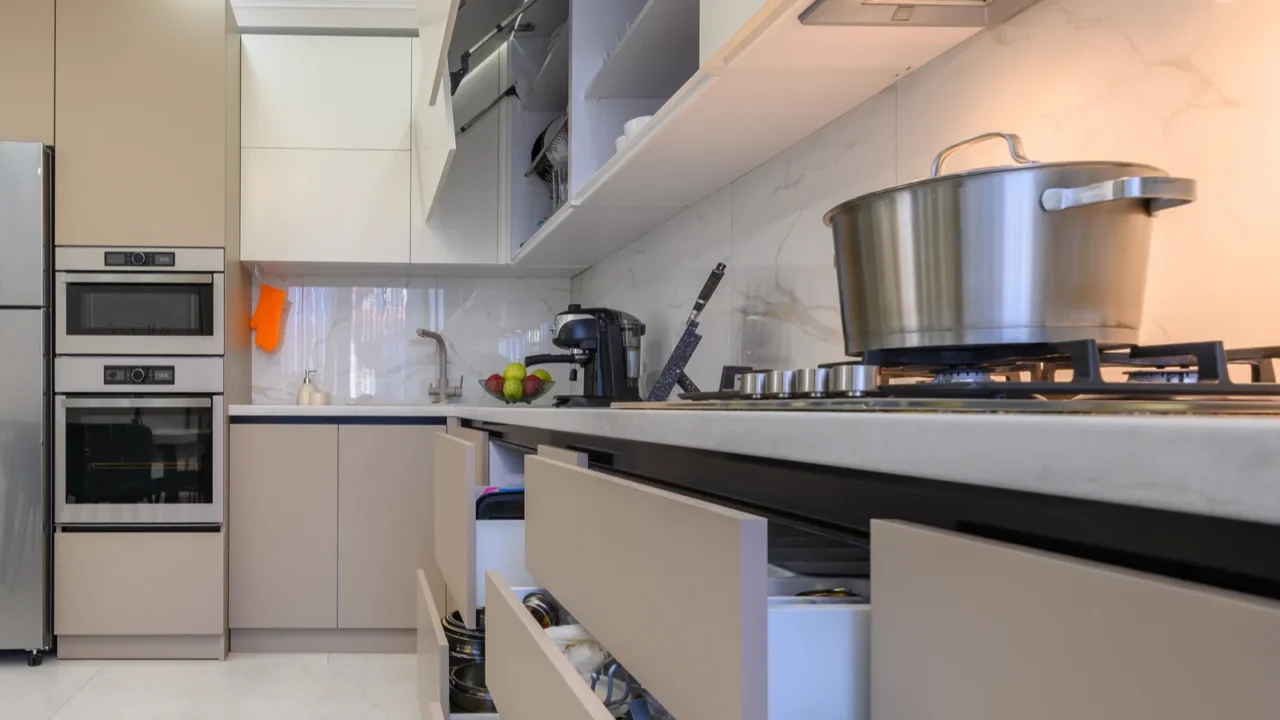 modern classic white and beige luxurious kitchen with dining room