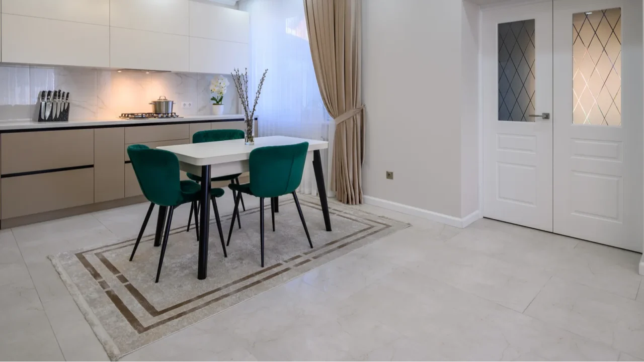 modern classic white and beige luxurious kitchen with dining room