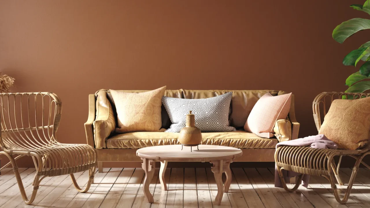 modern interior in terracotta color with leather sofa rattan armchairs